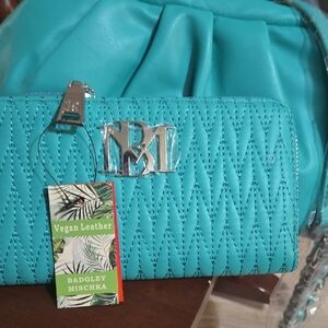 Badgley Mischka Turquoise Bag With Matching Wallet And Cross Body Beaded Strap